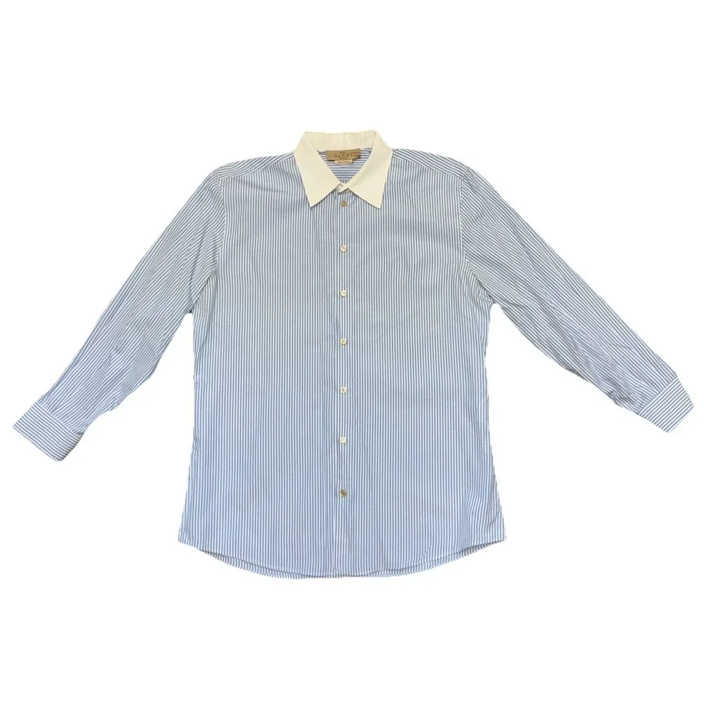 Gucci Shirt Men's 17.5 44 Blue Striped White Collar Poplin Button Up Uniform